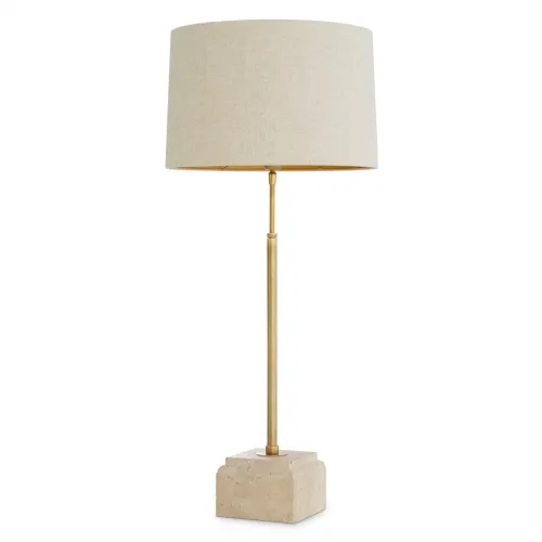 Lampada da tavolo di lusso vintage in ottone con paralume beige chiaro e base in travertino di Luxury Group International