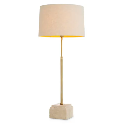 Lampada da tavolo di lusso vintage in ottone con paralume beige chiaro e base in travertino di Luxury Group International