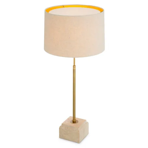Lampada da tavolo di lusso vintage in ottone con paralume beige chiaro e base in travertino di Luxury Group International