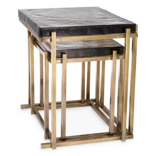 Luxury Vintage Brass Rectangular Black Glass Top Nesting Table set of 2 by Luxury Group International