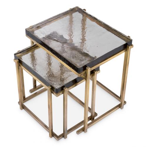 Luxury Vintage Brass Rectangular Black Glass Top Nesting Table set of 2 by Luxury Group International