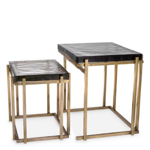 Luxury Vintage Brass Rectangular Black Glass Top Nesting Table set of 2 by Luxury Group International