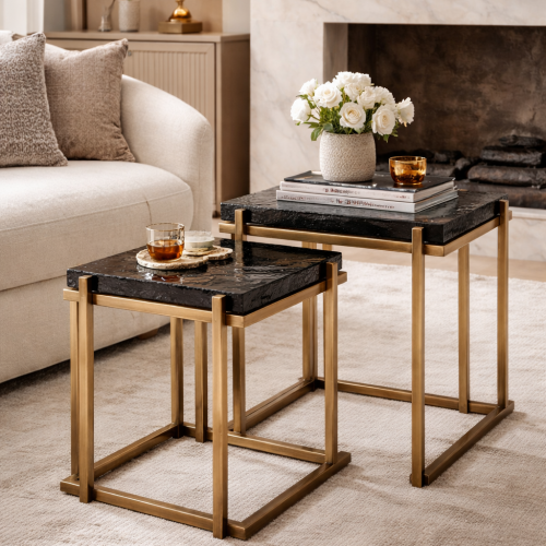 Luxury Vintage Brass Rectangular Black Glass Top Nesting Table set of 2 by Luxury Group International