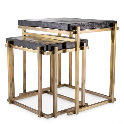 Luxury Vintage Brass Rectangular Black Glass Top Nesting Table set of 2 by Luxury Group International