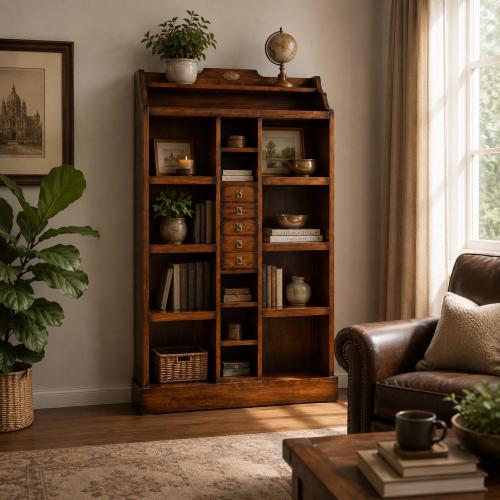 Luxury Vintage Cabinet with Central Multi-Drawer Storage & Open Display Shelving - Vintage Furniture Lifestyle View by Luxury Group International