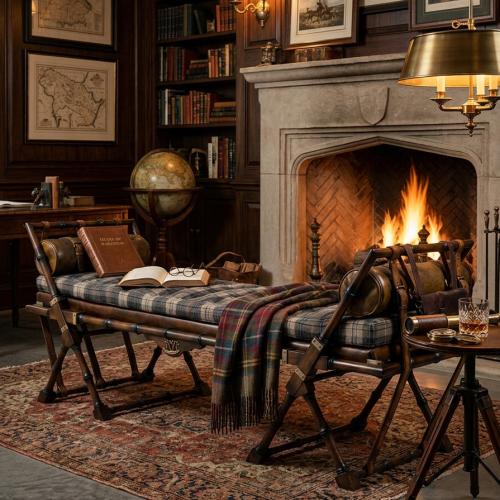 Banco de Expedición Vintage de Lujo con Correas de Cuero, Herrajes de Latón y Detalles de Bolsa de Montura Vista lifestyle por Luxury Group International