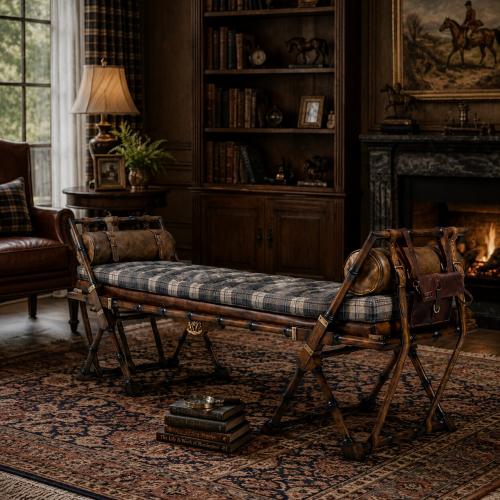 Banco de Expedición Vintage de Lujo con Correas de Cuero, Herrajes de Latón y Detalles de Bolsa de Montura Vista lifestyle por Luxury Group International