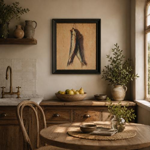 Luxus Vintage Fisch Stillleben Wandkunst mit antiker europäischer rustikaler Komposition von Luxury Group International