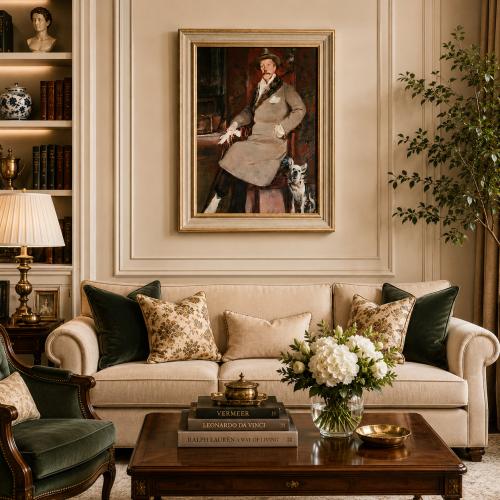 Luxus Vintage Herrenporträt Wandkunst in Hellgold mit Mehrschichtigem Verziertem Rahmen von Luxury Group International