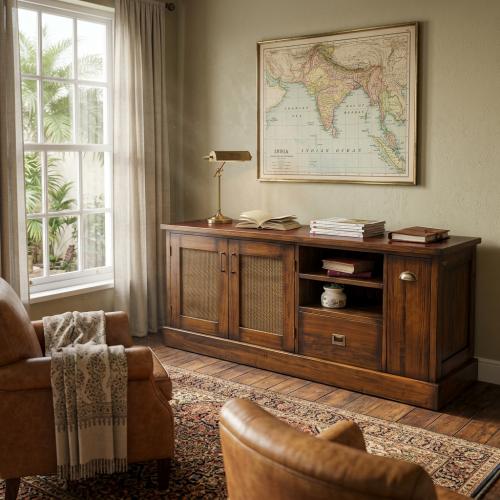 Luxury Vintage Sideboard with Cane Mesh Doors & Open Shelf Storage - Vintage Style Furniture Lifestyle View by Luxury Group International