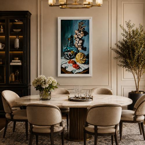 Luxus Vintage Stillleben Wandkunst mit Glasflasche, Knoblauch und Rustikaler Obstkomposition von Luxury Group International