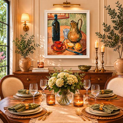 Luxus Vintage Stillleben Wandkunst mit rustikalem Krug und roter Tassenkomposition von Luxury Group International