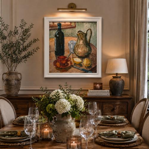 Luxus Vintage Stillleben Wandkunst mit rustikalem Krug und roter Tassenkomposition von Luxury Group International