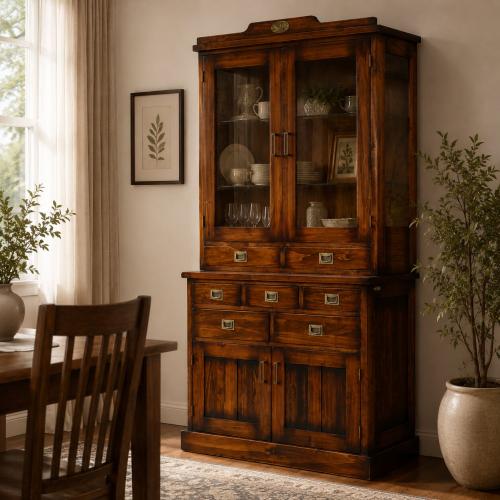 Vetrina in Stile Vintage di Lusso con Base a Cassetti Multipli e Vetrina in Vetro - Mobili in Stile Vintage Vista lifestyle di Luxury Group International