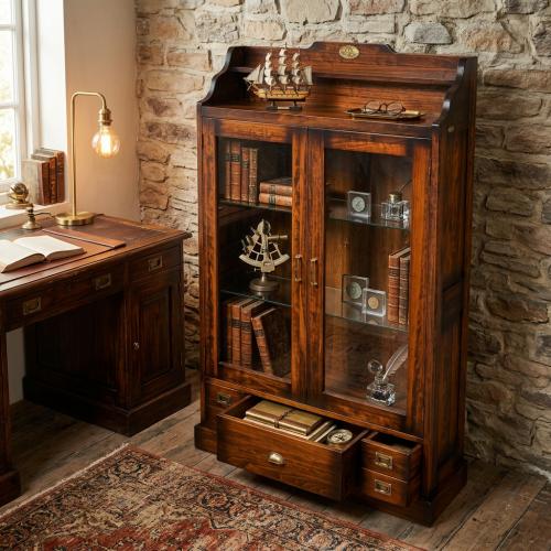 Luxury Vintage Style Display Cabinet with Upper Open Shelf & Multi-Drawer Storage - Vintage Style Furniture Lifestyle View by Luxury Group International