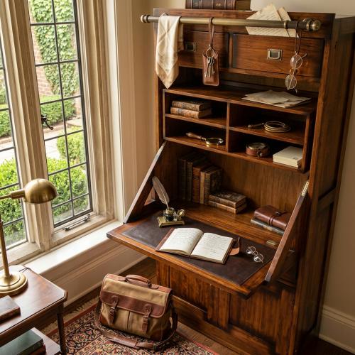 Luxury Vintage Style Multi-Storage Shelve Cabinet with Fold-Down Workstation - Vintage Style Furniture Lifestyle View by Luxury Group International