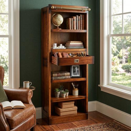 Luxury Vintage Style Shelve Cabinet with Open Display Storage & Integrated Drawer - Vintage Style Furniture Lifestyle View by Luxury Group International