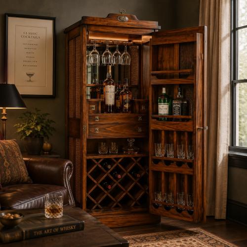 Luxury Vintage Style Wooden Bar Cabinet with Cane Mesh Doors - Vintage Style Furniture Lifestyle View by Luxury Group International