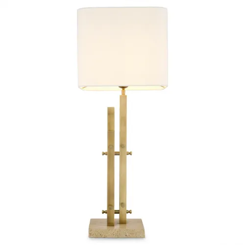 Lampada da tavolo vintage di lusso con finitura in ottone bianco sporco e base in travertino di Luxury Group International