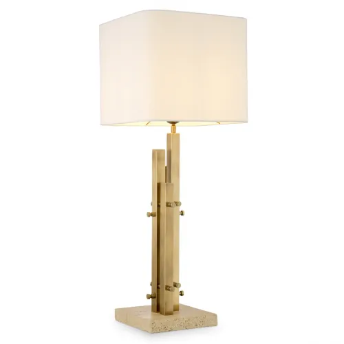 Lampada da tavolo vintage di lusso con finitura in ottone bianco sporco e base in travertino di Luxury Group International