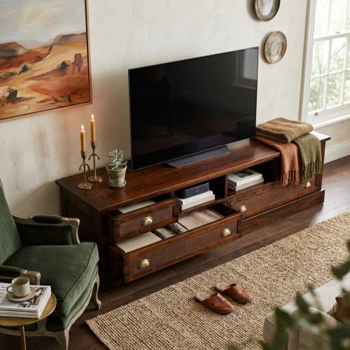 Luxury Vintage TV Console with Cane Drawer Fronts - Vintage Style Furniture Lifestyle View by Luxury Group International