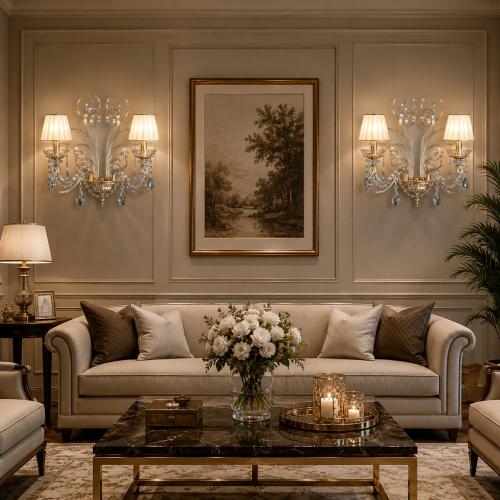 Luxury Wall Lamp in Antique Gold Polished Crystal with Clear Drops & Ivory by Luxury Group International