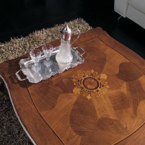 Luxury Walnut Baroque Coffee Table with Silver Detailing & Hand-Inlaid Square Top Detail View by Luxury Group International
