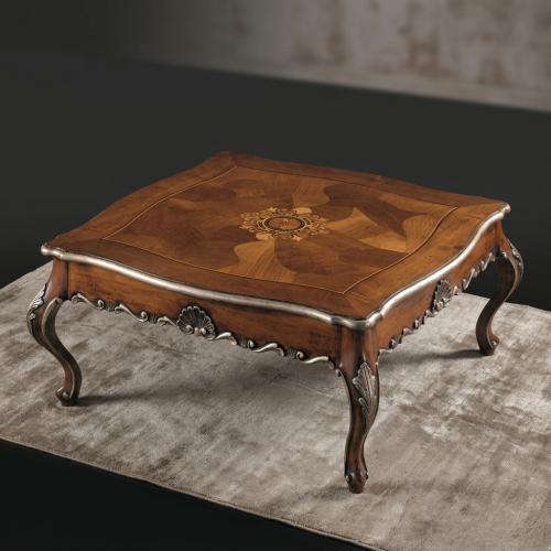 Luxury Walnut Baroque Coffee Table with Silver Detailing & Hand-Inlaid Square Top Front View by Luxury Group International