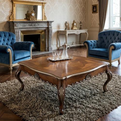 Luxury Walnut Baroque Coffee Table with Silver Detailing & Hand-Inlaid Square Top Lifestyle View by Luxury Group International