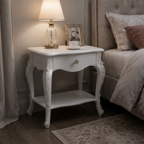 Table de Chevet Baroque Blanche de Luxe avec Un Tiroir et Étagère Ouverte - Mobilier de Chambre Vue lifestyle par Luxury Group International