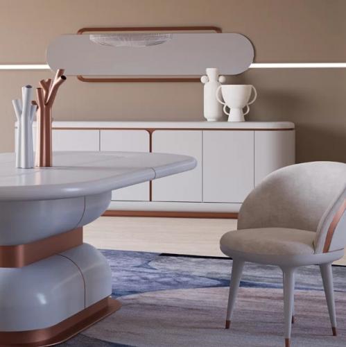 Buffet de luxe en bois massif avec plateau en marbre blanc et finition cuivre, 4 portes par Luxury Group International