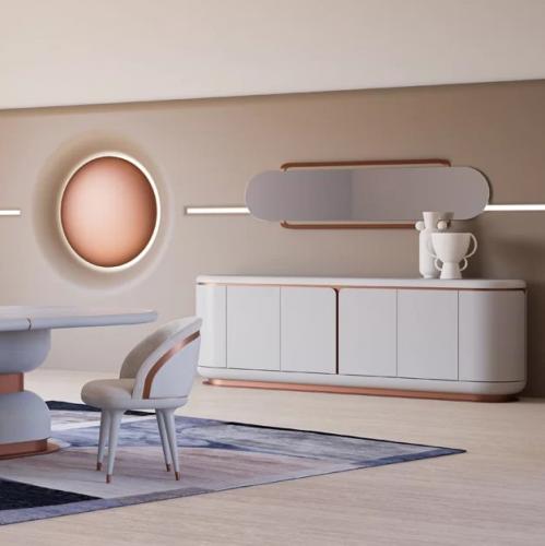 Buffet de luxe en bois massif avec plateau en marbre blanc et finition cuivre, 4 portes par Luxury Group International