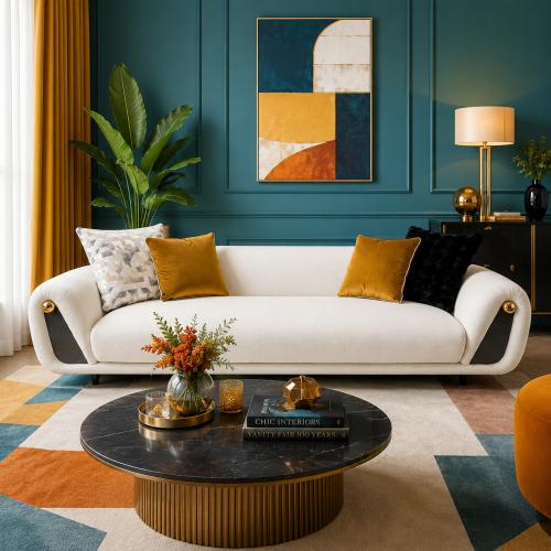 Weißes, geschwungenes Luxussofa mit goldenen Akzentdetails für moderne Wohnräume von Luxury Group International