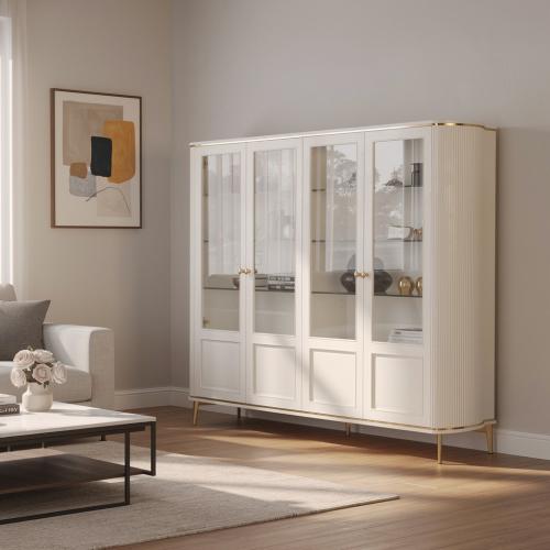 Luxus Weißes Designer Mehrtüriges Glasvitrinenschrank mit Goldverzierung und Stauraumpaneel-Basis - Wohnzimmermöbel Lifestyle-Ansicht von Luxury Group International