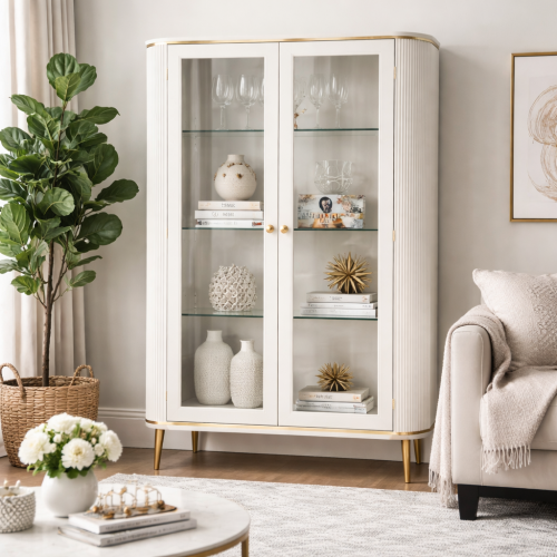 Luxus Weißer Doppelter Glastür-Vitrinenschrank mit Goldakzenten und Gerippten Seitenpaneelen – Wohnzimmermöbel Lifestyle-Ansicht von Luxury Group International