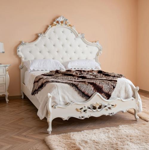 Luxury White Lacquer Baroque Tufted Double Bed with Silver & Gold Carved Frame — 203×210 CM Front View by Luxury Group International