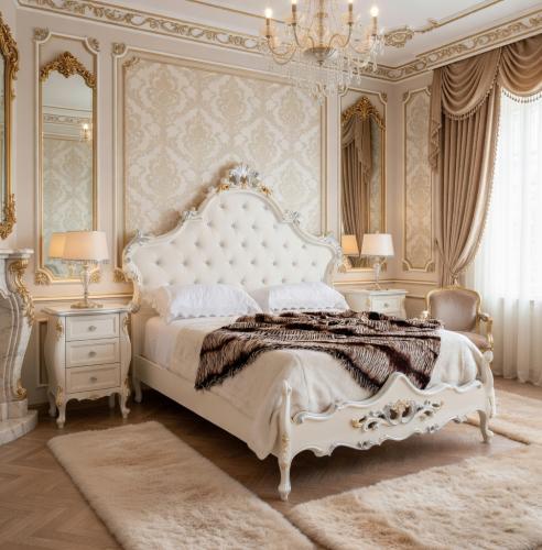 Luxury White Lacquer Baroque Tufted Double Bed with Silver & Gold Carved Frame — 203×210 CM Lifestyle View by Luxury Group International