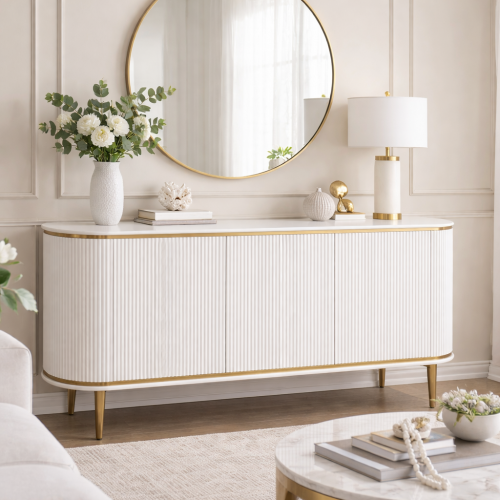 Buffet Courbé de Luxe Blanc Laqué avec Accents Dorés et Panneaux de Portes Triple Cannelés - Mobilier de Salon Vue lifestyle par Luxury Group International