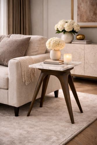 Luxury White Marble Rectangular Wooden Base Side Table by Luxury Group International
