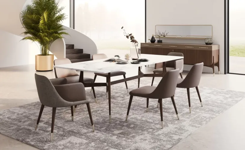 Luxury White Marble Top Rectangular Dining Table with Brown Wooden Base by Luxury Group International