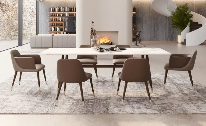 Luxury White Marble Top Rectangular Dining Table with Brown Wooden Base by Luxury Group International