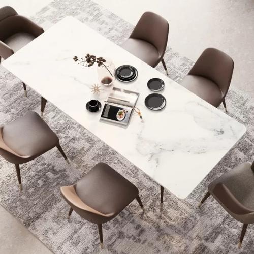 Luxury White Marble Top Rectangular Dining Table with Brown Wooden Base by Luxury Group International