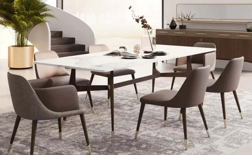 Luxury White Marble Top Rectangular Dining Table with Brown Wooden Base by Luxury Group International