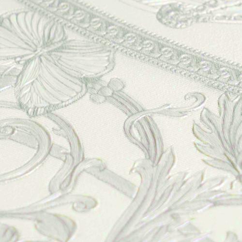 Papel pintado de diseñador Versace blanco metálico no tejido con efecto brillo por Luxury Group International