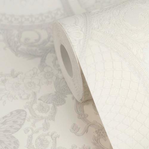 Papel pintado de diseñador Versace blanco metálico no tejido con efecto brillo por Luxury Group International