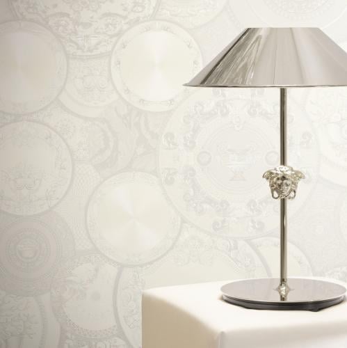 Luxury White Textured Damask Baroque Versace Wallpaper with Metallic Medusa Plate Motifs by Luxury Group International
