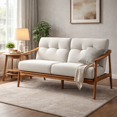 Luxury White Upholstered Mid-Century Spindle Backrest Sofa with Button-Tufted Details – 2 Seater by Luxury Group International