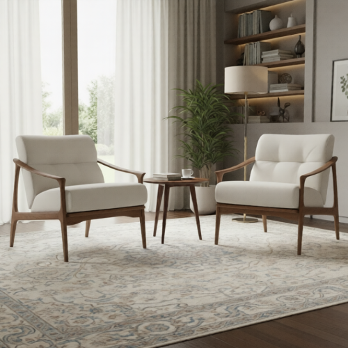 Luxury White Upholstered Modern Accent Armchair with Mid-Century Spindle Backrest in Wooden Frame by Luxury Group International