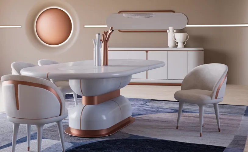 Luxury White Upholstered Modern Dining Chair with Copper Finish Design Lifestyle View by Luxury Group International