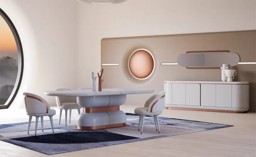 Luxury White Upholstered Modern Dining Chair with Copper Finish Design by Luxury Group International